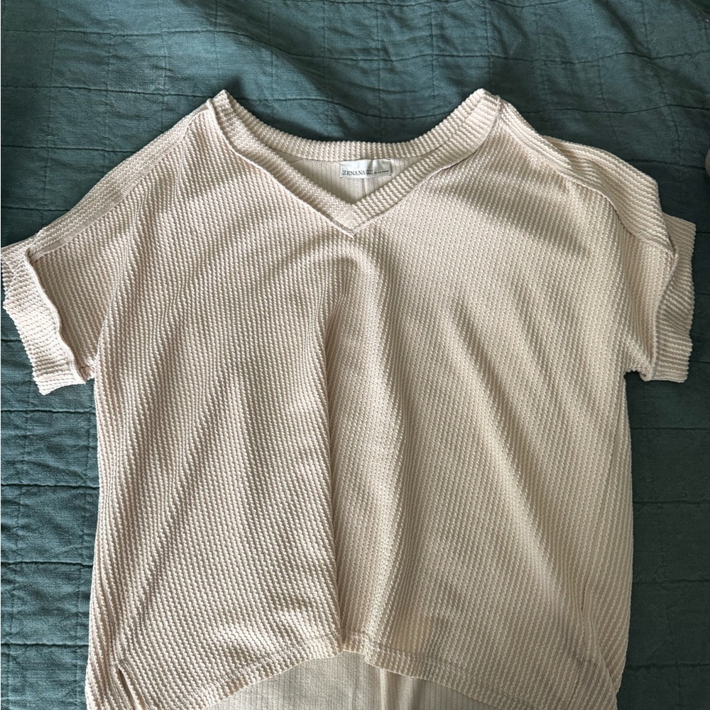 Zenana Outfitters Tan Asymmetrical Ribbed Short Sleeve Top